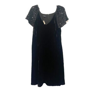 NWT Talbots Festive Black Velvet Sequin Sleeves V-Neck Midi Dress 14P Holidays